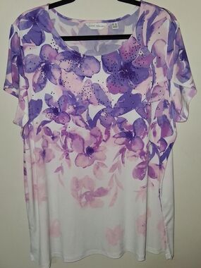 Susan Graver Lavender and Pink Floral Short-Sleeve Tee